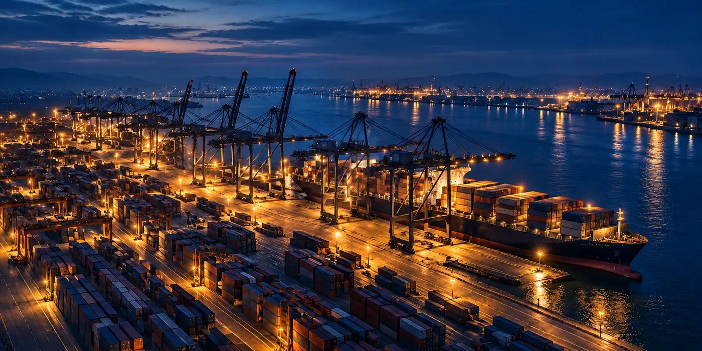 Illustrative blue-hour container port with ships and cranes